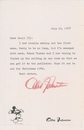 Lot #418 Ollie Johnston Letter and Sketch - Image 2