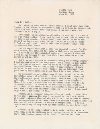 Lot #308 Charles Lindbergh: Lindy graciously declines the Baruch awardâ??
