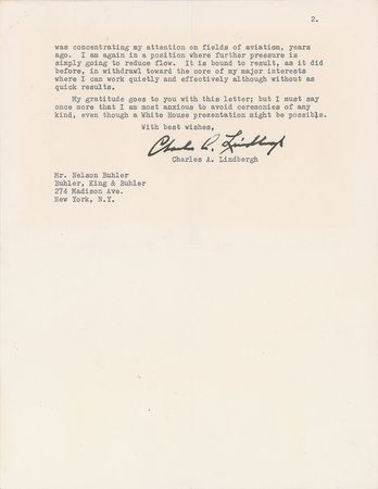 Lot #308 Charles Lindbergh: Lindy graciously declines the Baruch awardâ??