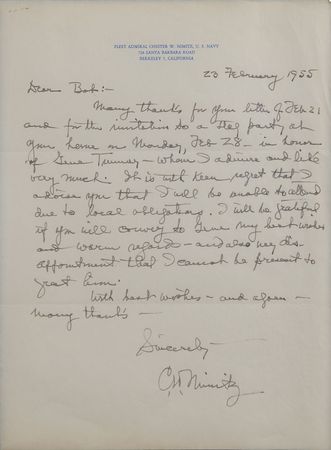 Lot #299 Chester Nimitz: Nimitz regrets that he cannot attend 