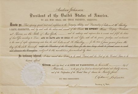 Lot #19 Andrew Johnson Signed Document