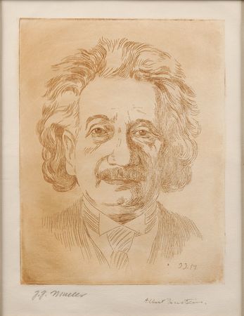 Lot #141 Albert Einstein: Striking 1934 Einstein etching signed by subject and artist - Image 1