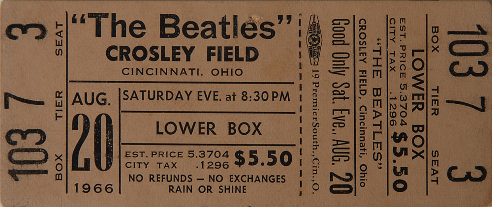 Beatles 1966 Crosley Field Unused Concert Ticket | RR Auction