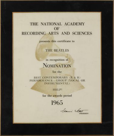 Lot #7038 Beatles 1965 'Help!' Grammy Nomination - Image 1