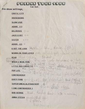Lot #7508  Prince 1988 Lovesexy Tour Set List with Notations Dictated by Him - Image 1
