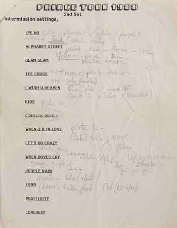 Lot #7508  Prince 1988 Lovesexy Tour Set List with Notations Dictated by Him - Image 2
