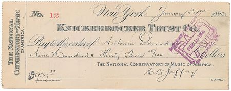 Lot #490 Antonin Dvorak: 1892 National Conservatory of Music paycheck - Image 2