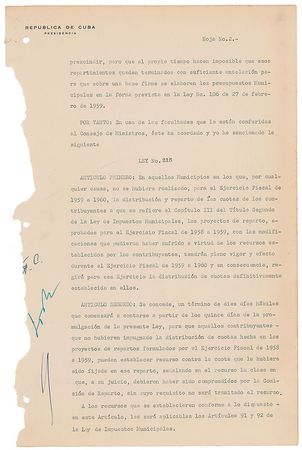Lot #188 Fidel Castro: Rare original Cuban Revolution rebel shirt and a 1959 Castro document funding 