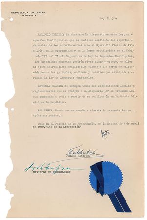 Lot #188 Fidel Castro: Rare original Cuban Revolution rebel shirt and a 1959 Castro document funding 