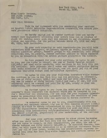 Lot #786 Gloria Swanson: Swanson's publicity agreement for Sunset Boulevard - Image 1