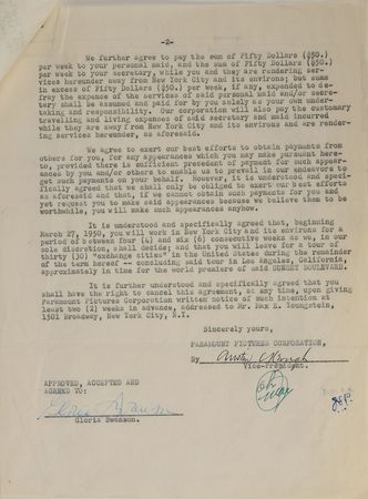 Lot #786 Gloria Swanson: Swanson's publicity agreement for Sunset Boulevard - Image 2
