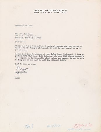 Lot #405 Jasper Johns Typed Letter Signed and Postcard - Image 2