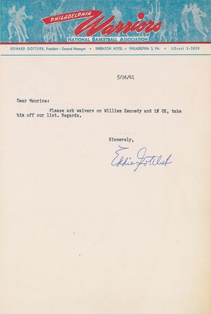 Lot #809 Eddie Gottlieb Signed Documents - Image 3