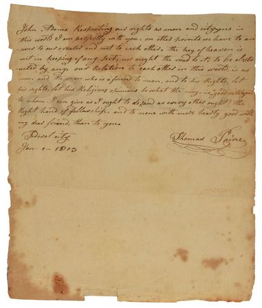 Lot #182 Thomas Paine: Remarkable eight-page autograph manuscript, mentioning 