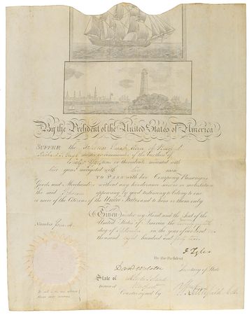 Lot #13 John Tyler: Scarce shipâ€™s pass for the