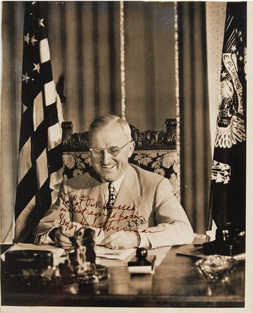 Lot #94 Harry S. Truman Signed Photograph and Stamp Block - Image 1