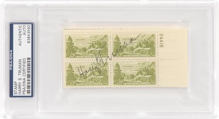 Lot #94 Harry S. Truman Signed Photograph and Stamp Block - Image 2