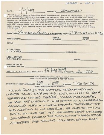 Lot #405 Tennessee Williams: Tongue-in-cheek, Williams runs 