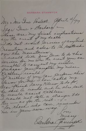 Lot #617 Barbara Stanwyck: Stanwyck sends a letter of last instructions - Image 1