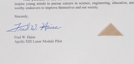 Lot #8289  Apollo 13 Flown Couch Fragment Display Signed by Haise - Image 2
