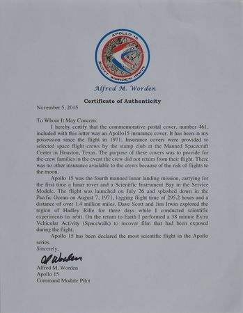 Lot #8355 Al Worden's Signed Apollo 15 Insurance Cover  - Image 3
