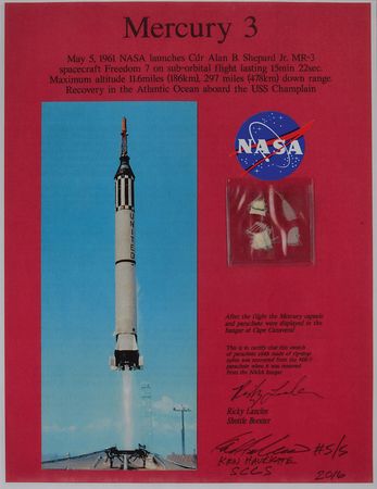 Lot #8051  MR-3: Alan Shepard Signed Cover and Parachute Fragment - Image 1