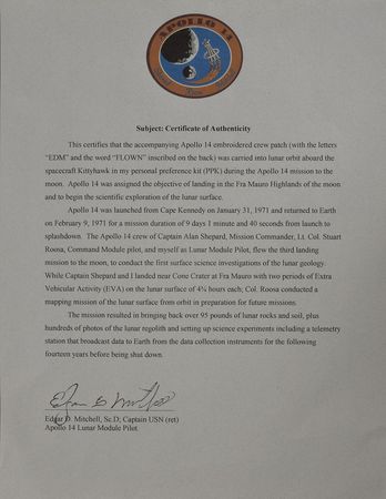 Lot #8321 Edgar Mitchell Signed Apollo 14 Patch - Image 5