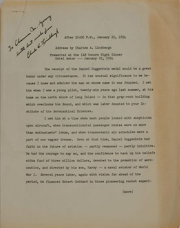 Lot #8001 Charles Lindbergh Signed Speech