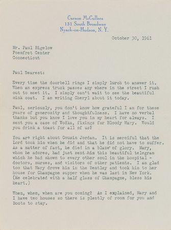 Lot #468 Carson McCullers: Scarce 1961 letter from McCullers - Image 1