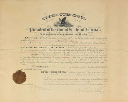 Lot #104 Calvin Coolidge: Coolidge appoints a temporary ensign 
