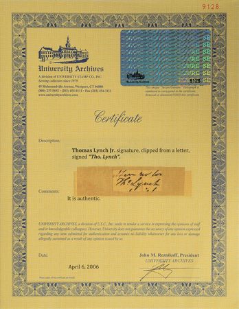 Lot #154 Thomas Lynch, Jr: An exceedingly rare linchpin of the complete Declaration set—Thomas Lynch, Jr. - Image 3