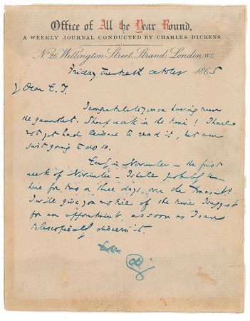 Lot #492. Charles Dickens Handwritten Letter Signed