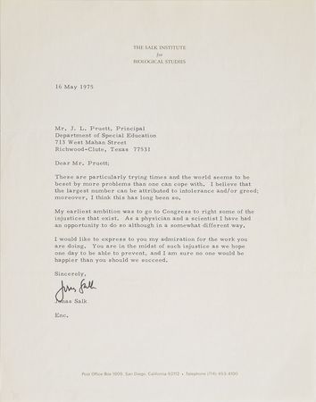Lot #293 Jonas Salk Typed Letter Signed - Image 1