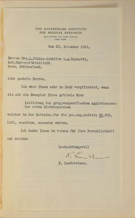 Lot #174 Karl Landsteiner Typed Letter Signed - Image 1