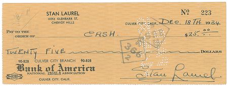 Lot #708 Laurel and Hardy: Rare checks signed by Laurel and Hardy - Image 1