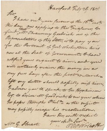 Lot #303 Oliver Wolcott, Jr: Rare 1801 letter to Gilbert Stuart, concerning 