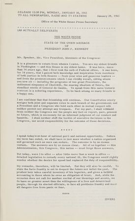 Lot #9041 John F. Kennedy First State of the Union Address Press Release - Image 1