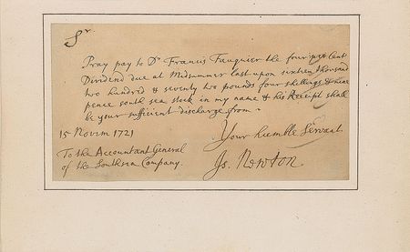Lot #1 Isaac Newton: Rare 1721 document from