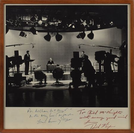 Lot #150 John F. Kennedy and Richard Nixon: 1960 Presidential Debate: Incredibly rare 1960 presidential debate photo, signed by JFK and Nixon - Image 1