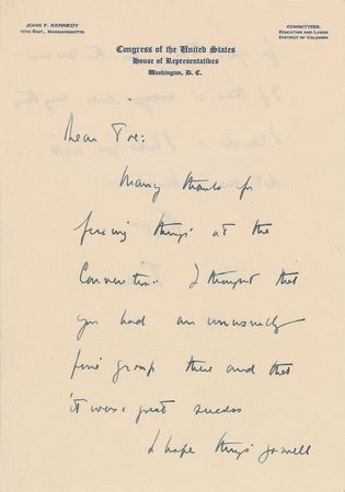 Lot #144 John F. Kennedy: Scarce handwritten letter from Senator Kennedy - Image 1