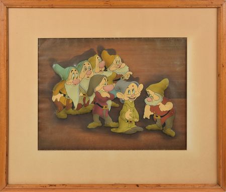 Lot #714 Bashful, Doc, Grumpy, Happy, Sleepy, Sneezy, and Dopey production cel from Snow White and the Seven Dwarfs: Spectacular set-up of all seven dwarfs - Image 1