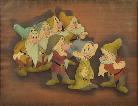 Lot #714 Bashful, Doc, Grumpy, Happy, Sleepy, Sneezy, and Dopey production cel from Snow White and the Seven Dwarfs: Spectacular set-up of all seven dwarfs - Image 2