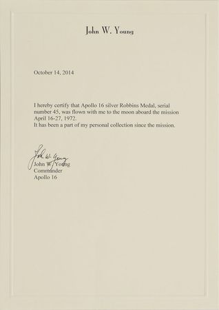 Lot #53 John Young's Apollo 16 Flown Robbins Medal: Scarce flown Robbins from a moonwalker's collection - Image 3