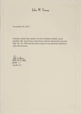 Lot #40 John Young's Apollo 10 Flown Robbins Medal: 
