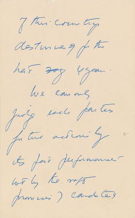 Lot #142 John F. Kennedy: Fourteen-page handwritten draft for a 1952 Senate campaign speech: 