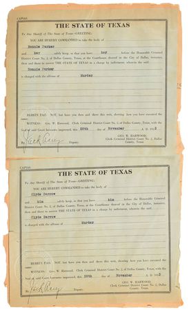 Lot #2021 Bonnie Parker and Clyde Barrow Pair of Original Arrest Warrants - Image 1
