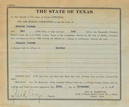 Lot #2021 Bonnie Parker and Clyde Barrow Pair of Original Arrest Warrants - Image 2