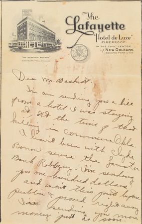 Lot #2028 Raymond Hamilton 1934 Autograph Letter Signed and Hotel Bill - Image 1