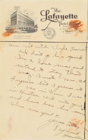Lot #2028 Raymond Hamilton 1934 Autograph Letter Signed and Hotel Bill - Image 3