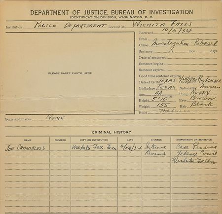 Lot #2076 Joe Chambless Signed Fingerprint Card and Original Vintage Mug Shot Photograph - Image 2